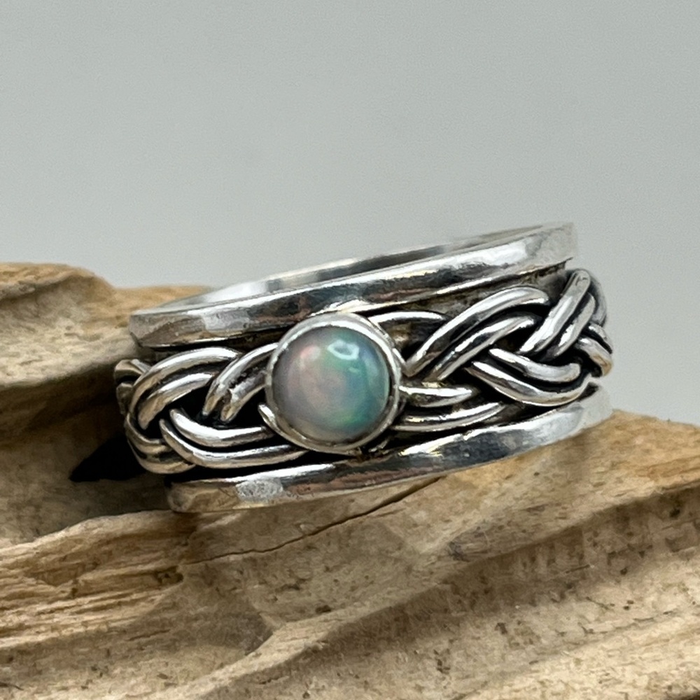 Sterling Silver Braided Spinner Ring with Opal Stone
